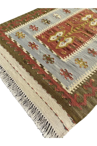 El Dokuması Kök Boya Dekoratif 85x120 Yeşil Turkuaz Kiremit Yün Kilim - Resim 3