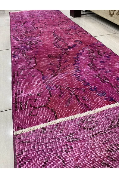 El Dokuma Isparta Halısı 70x282 Düz Pembe Vintage Eskitme Yolluk - 6