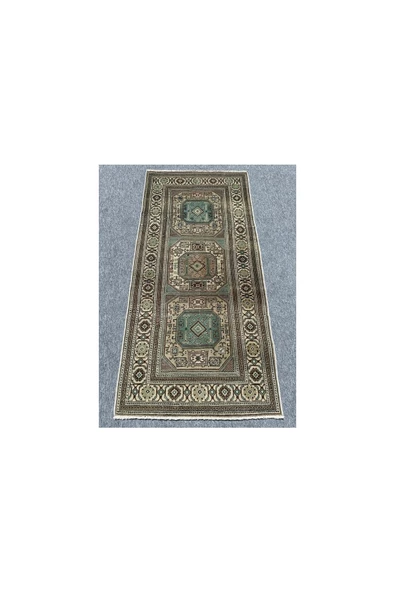 EL DOKUMA 95X190 ESKİTME BÜNYAN HALISI YEŞİL KREM %100 YÜN YOLLUK ürün görseli