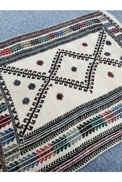 El Dokuması Dekoratif Kilim 80x110 Krem %100 Yün Kilim - Resim 5