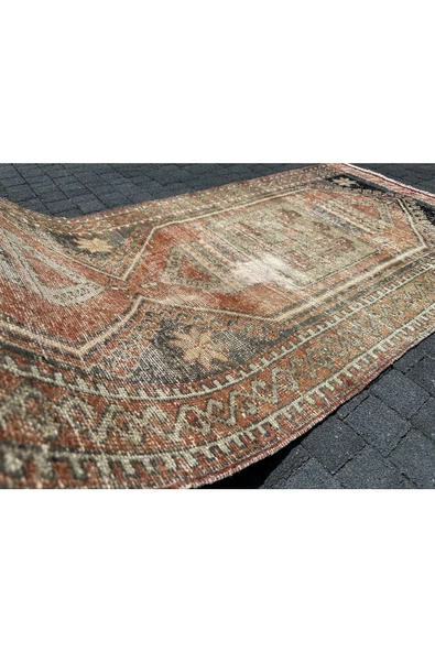 EL DOKUMASI YÜN YOLLUK 102x290 ESKİTME KİREMİT KREM VINTAGE MALATYA HALISI - Resim 6