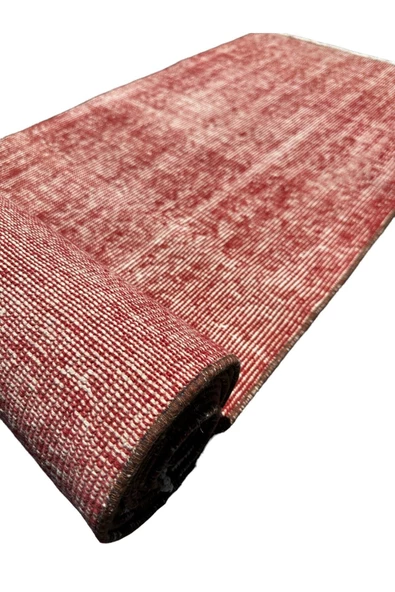 El Dokuma Vintage Kırmızı Yolluk 55x300 Düz Renk Eskitme %100 Yün Halı - Resim 5