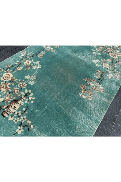DEKORATİF TURKUAZ OFİS HALISI 116X214 EL DOKUMA ESKİTME VINTAGE YÜN HALI ! - 7