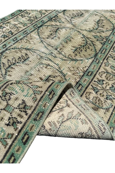El Dokuma Eskitme Halı 82x272 Vintage Yeşil %100 Yün Yolluk - Resim 6