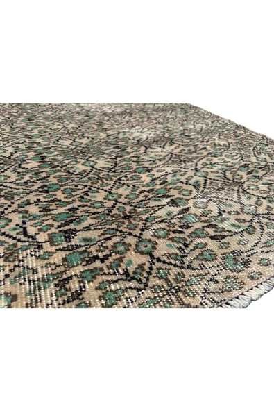 EL DOKUMA ESKİTME HALI 100X192 YEŞİL KREM %100 YÜN VINTAGE HALI ! - 6