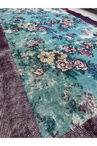 El Dokuma Eskitme 114x210 Su Yeşili Mor %100 Yün Vintage Halı ! - Resim 8