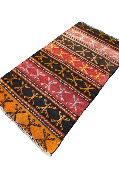 El Dokuma Kök Boya Cicim Kilimi 58x110 Kırmızı Kiremit %100 Yün Otantik Kilim - Resim 2