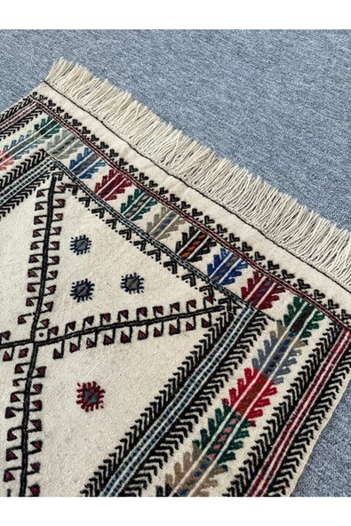 El Dokuması Dekoratif Kilim 80x110 Krem %100 Yün Kilim - Resim 3
