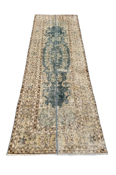 El Dokuma Vintage Halı 112x315 Su Yeşili Büyük Eskitme Retro Yolluk ürün görseli