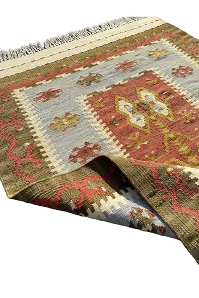 El Dokuması Kök Boya Dekoratif 85x120 Yeşil Turkuaz Kiremit Yün Kilim - Resim 7