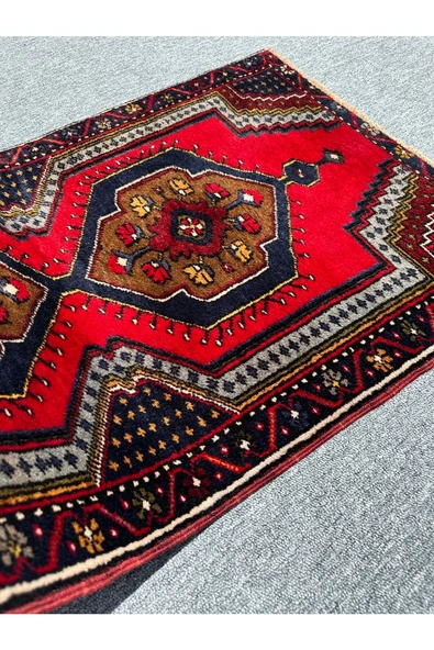 El Dokuma Çamardı Halısı 69x122 Kırmızı Lacivert %100 Yün Küçük Halı ! - Resim 6