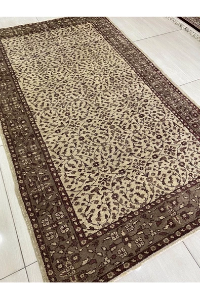 El Dokuma Yün Isparta Halısı 117x200 Eskitme Krem Vintage Halı - Resim 6
