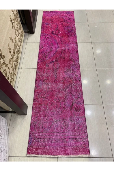 El Dokuma Isparta Halısı 70x282 Düz Pembe Vintage Eskitme Yolluk - 1
