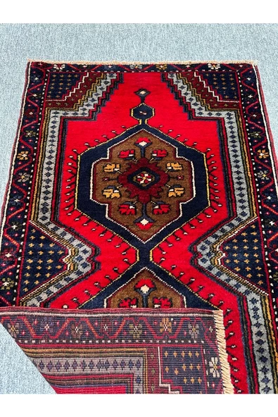 El Dokuma Çamardı Halısı 69x122 Kırmızı Lacivert %100 Yün Küçük Halı ! - Resim 4