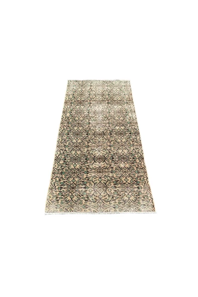 EL DOKUMA ESKİTME HALI 100X192 YEŞİL KREM %100 YÜN VINTAGE HALI !