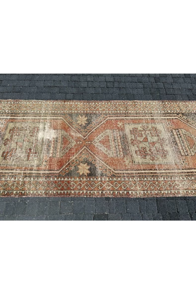 EL DOKUMASI YÜN YOLLUK 102x290 ESKİTME KİREMİT KREM VINTAGE MALATYA HALISI - Resim 5