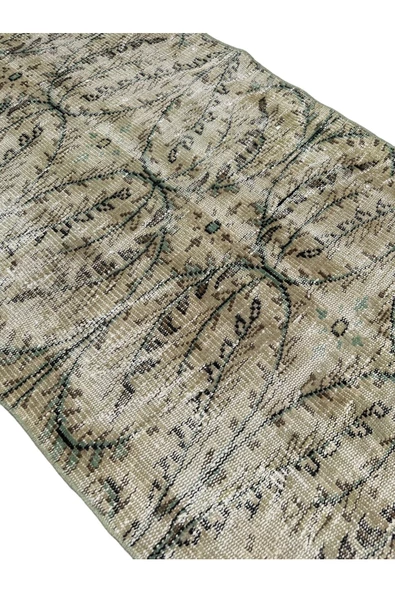 El Dokuma Vintage Yeşil Yolluk 80x270 Yeşil Beyaz Eskitme %100 Yün Halı - 3