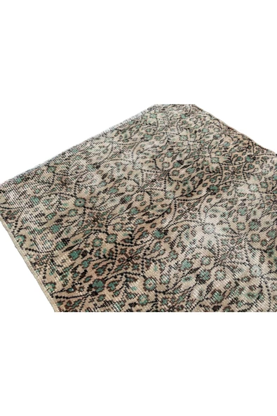 EL DOKUMA ESKİTME HALI 100X192 YEŞİL KREM %100 YÜN VINTAGE HALI ! - 4