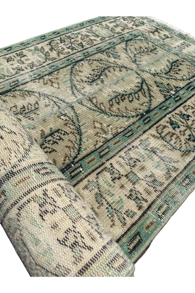 El Dokuma Eskitme Halı 82x272 Vintage Yeşil %100 Yün Yolluk - Resim 7