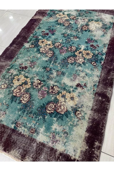 El Dokuma Eskitme 114x210 Su Yeşili Mor %100 Yün Vintage Halı ! - Resim 7