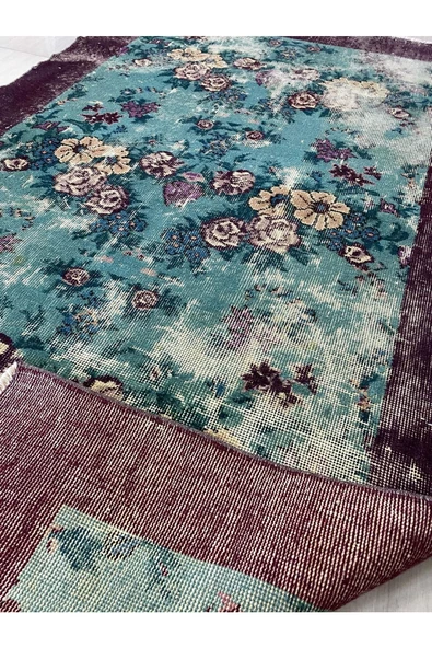 El Dokuma Eskitme 114x210 Su Yeşili Mor %100 Yün Vintage Halı ! ürün görseli