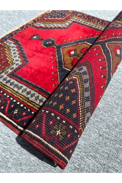 El Dokuma Çamardı Halısı 69x122 Kırmızı Lacivert %100 Yün Küçük Halı ! - Resim 7