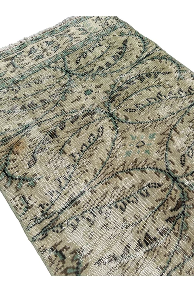 El Dokuma Vintage Yeşil Yolluk 80x270 Yeşil Beyaz Eskitme %100 Yün Halı - 4