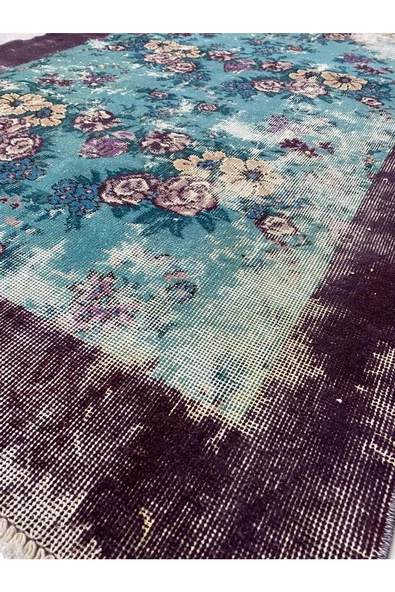 El Dokuma Eskitme 114x210 Su Yeşili Mor %100 Yün Vintage Halı ! - Resim 6