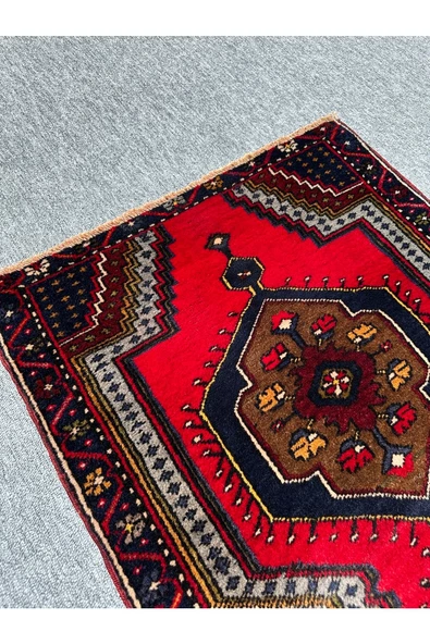El Dokuma Çamardı Halısı 69x122 Kırmızı Lacivert %100 Yün Küçük Halı ! - Resim 3