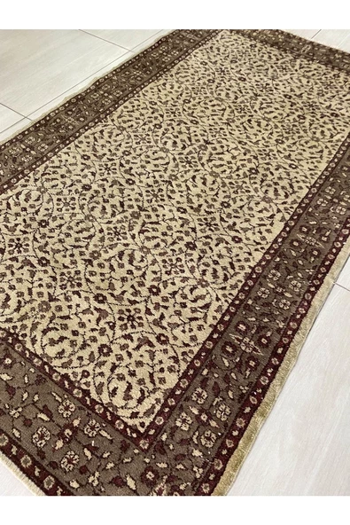 El Dokuma Yün Isparta Halısı 117x200 Eskitme Krem Vintage Halı - Resim 3