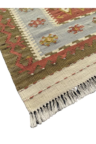 El Dokuması Kök Boya Dekoratif 85x120 Yeşil Turkuaz Kiremit Yün Kilim - Resim 2
