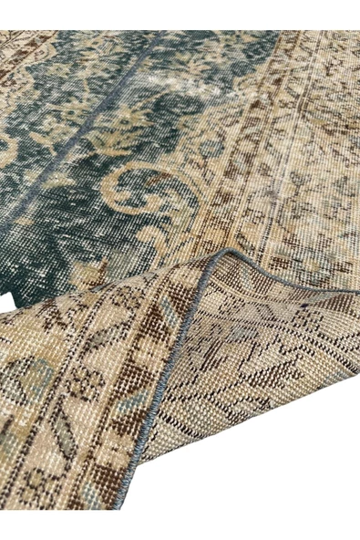 El Dokuma Vintage Halı 112x315 Su Yeşili Büyük Eskitme Retro Yolluk - Resim 7