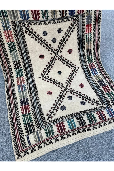 El Dokuması Dekoratif Kilim 80x110 Krem %100 Yün Kilim - Resim 7