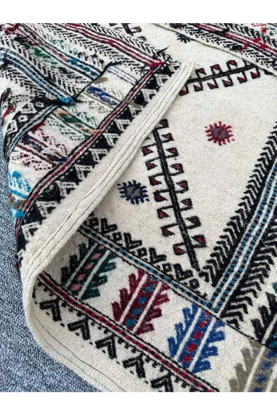 El Dokuması Dekoratif Kilim 80x110 Krem %100 Yün Kilim - Resim 4
