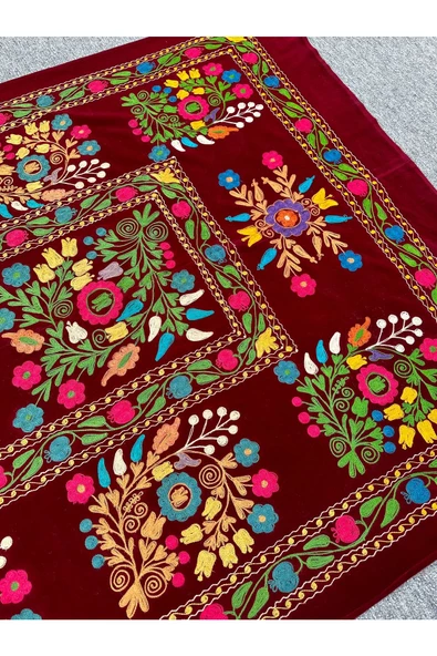 EL YAPIMI ÖZBEK SUZANİ İŞLEMELİ KUMAŞ 130X225 ÖZEL YAPIM İŞÇİLİKLİ KUMAŞ HALI - Resim 4