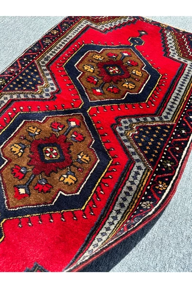 El Dokuma Çamardı Halısı 69x122 Kırmızı Lacivert %100 Yün Küçük Halı ! - Resim 5