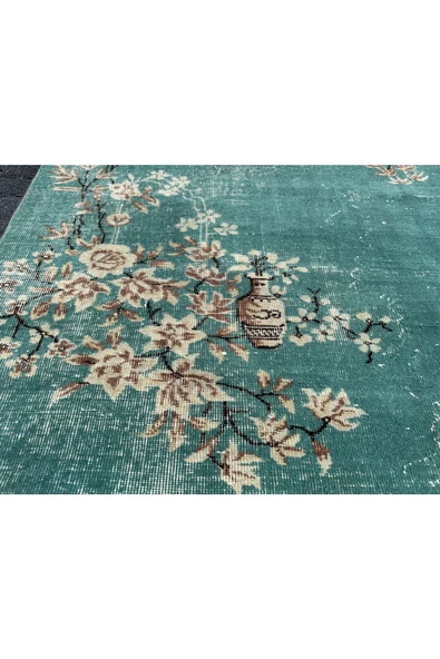 DEKORATİF TURKUAZ OFİS HALISI 116X214 EL DOKUMA ESKİTME VINTAGE YÜN HALI ! - 3