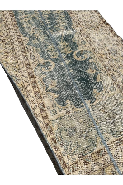 El Dokuma Vintage Halı 112x315 Su Yeşili Büyük Eskitme Retro Yolluk - Resim 6