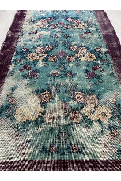 El Dokuma Eskitme 114x210 Su Yeşili Mor %100 Yün Vintage Halı ! - Resim 5