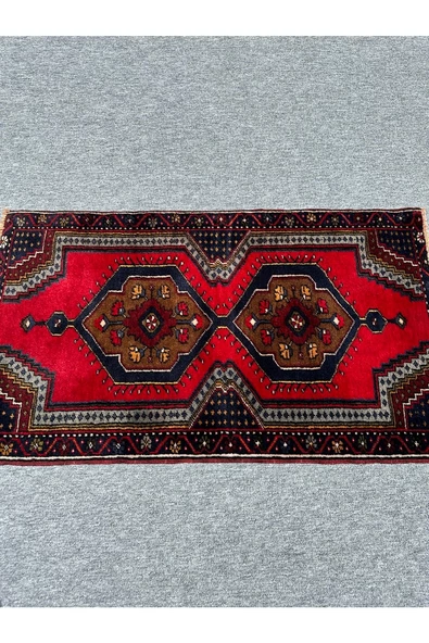 El Dokuma Çamardı Halısı 69x122 Kırmızı Lacivert %100 Yün Küçük Halı ! - Resim 2