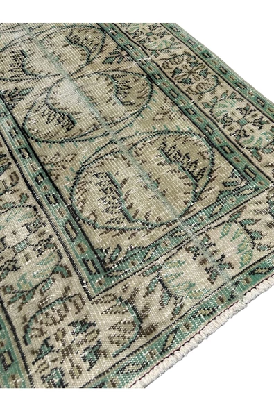 El Dokuma Eskitme Halı 82x272 Vintage Yeşil %100 Yün Yolluk - Resim 2
