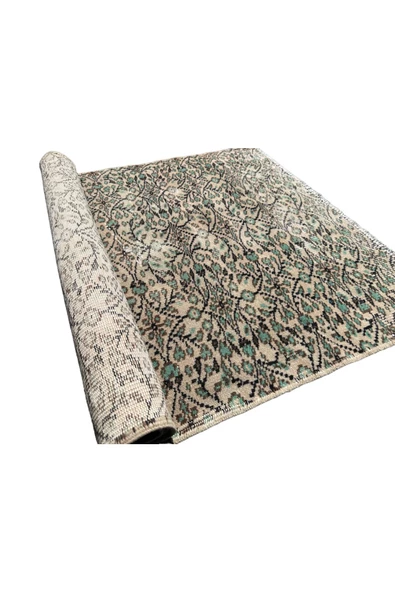 EL DOKUMA ESKİTME HALI 100X192 YEŞİL KREM %100 YÜN VINTAGE HALI ! - 7