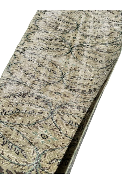 El Dokuma Vintage Yeşil Yolluk 80x270 Yeşil Beyaz Eskitme %100 Yün Halı - 7