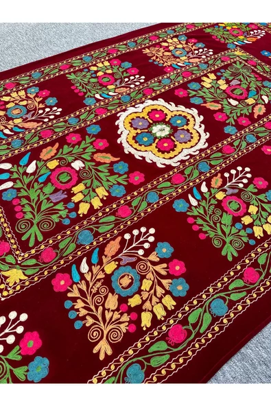EL YAPIMI ÖZBEK SUZANİ İŞLEMELİ KUMAŞ 130X225 ÖZEL YAPIM İŞÇİLİKLİ KUMAŞ HALI - Resim 5