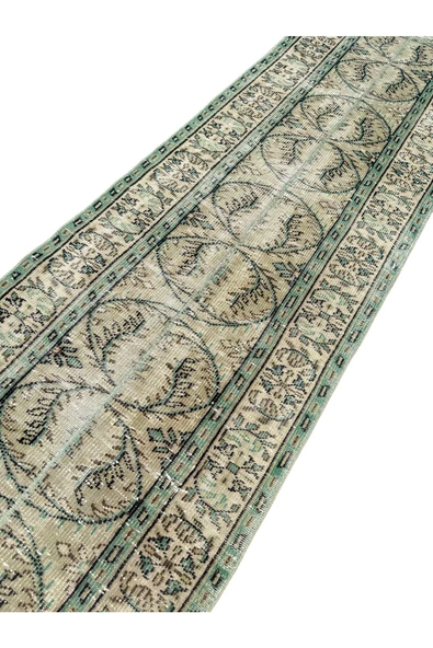 El Dokuma Eskitme Halı 82x272 Vintage Yeşil %100 Yün Yolluk - Resim 4