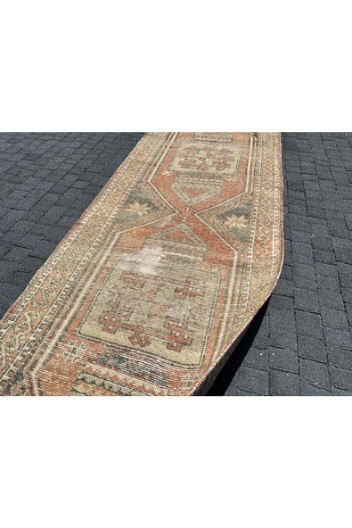 EL DOKUMASI YÜN YOLLUK 102x290 ESKİTME KİREMİT KREM VINTAGE MALATYA HALISI - Resim 4