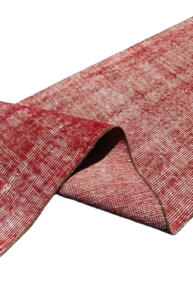 El Dokuma Vintage Kırmızı Yolluk 55x300 Düz Renk Eskitme %100 Yün Halı - Resim 4
