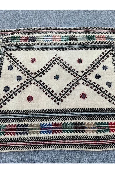 El Dokuması Dekoratif Kilim 80x110 Krem %100 Yün Kilim - Resim 2