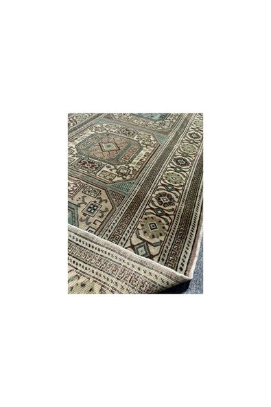 EL DOKUMA 95X190 ESKİTME BÜNYAN HALISI YEŞİL KREM %100 YÜN YOLLUK - Resim 4