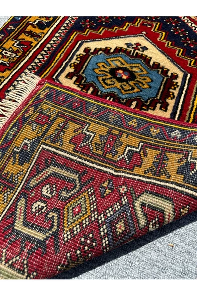 EL DOKUMA YAHYALI HALISI 70X115 KIRMIZI SARI KÖK BOYA %100 YÜN HALI - Resim 8